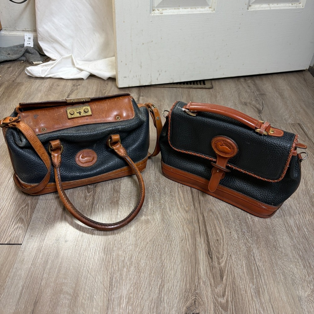 Lot of 2 Dooney & Burke Bags Black Tan Leather Bags Satchel Vintage - Picture 2 of 16